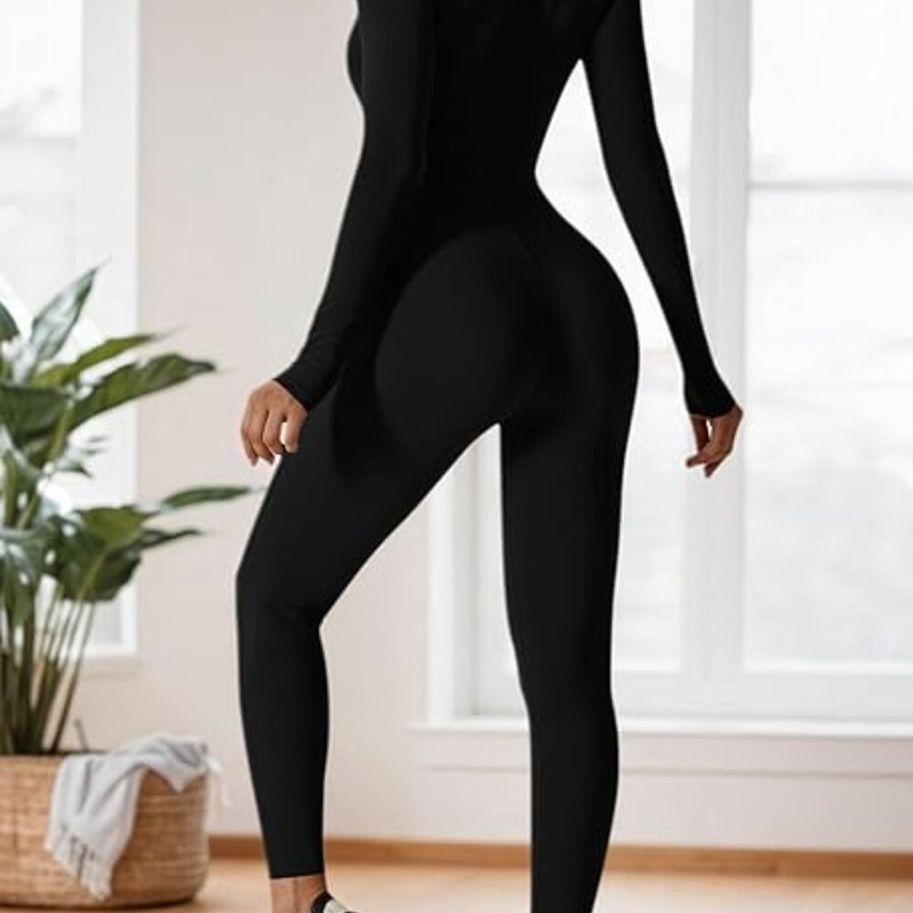 Womens  Workout Jumpsuit Zip Up Rompers Long Sleeve Yoga Unitard Full  Length - Picture 5 of 16